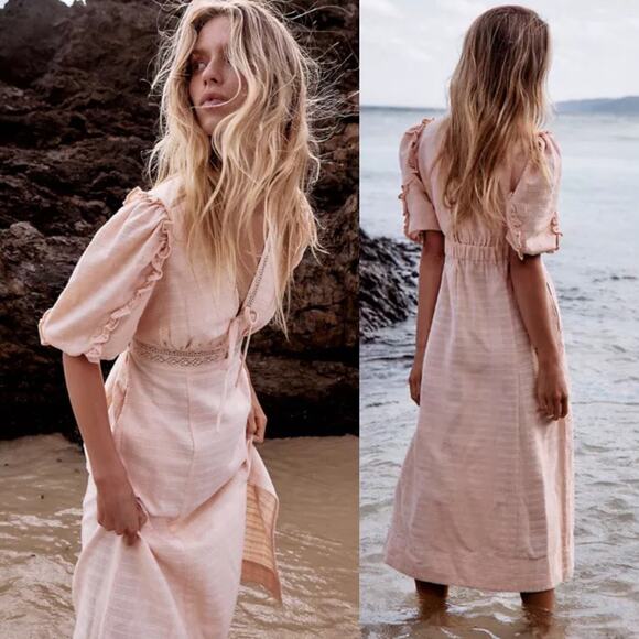 Free People Slow Pace Romantic Dress Tie V Neck Puff Sleeve Midi Peach Womens XS - Picture 2 of 13